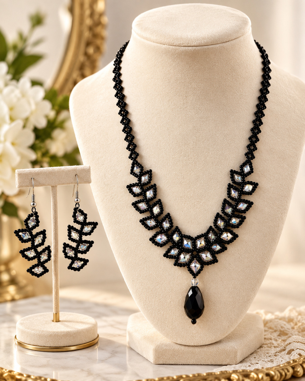 Black Seed Bead Necklace Earrings Set Clear Acrylic Crystal Elegant Look